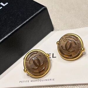 CHANEL Gold and Brown Logo Earrings